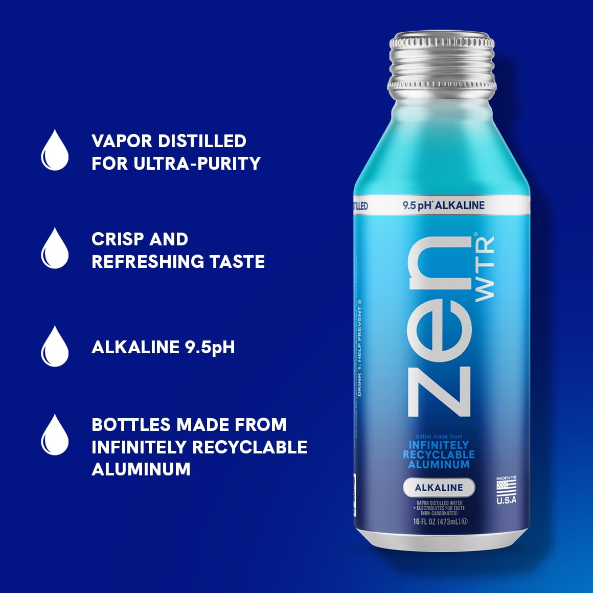 ZenWTR Ultra-Pure, Vapor Distilled Water, 16 OZ (Pack of 12) Bottled Water, 9 pH Alkaline Water with Electrolytes for a crisp, refreshing taste in an infinitely recyclable aluminum bottle.