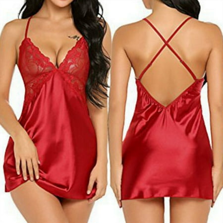 

Women Lingerie V Neck Nightwear Satin Sleep Sexy Lace Chemise Mini Dress