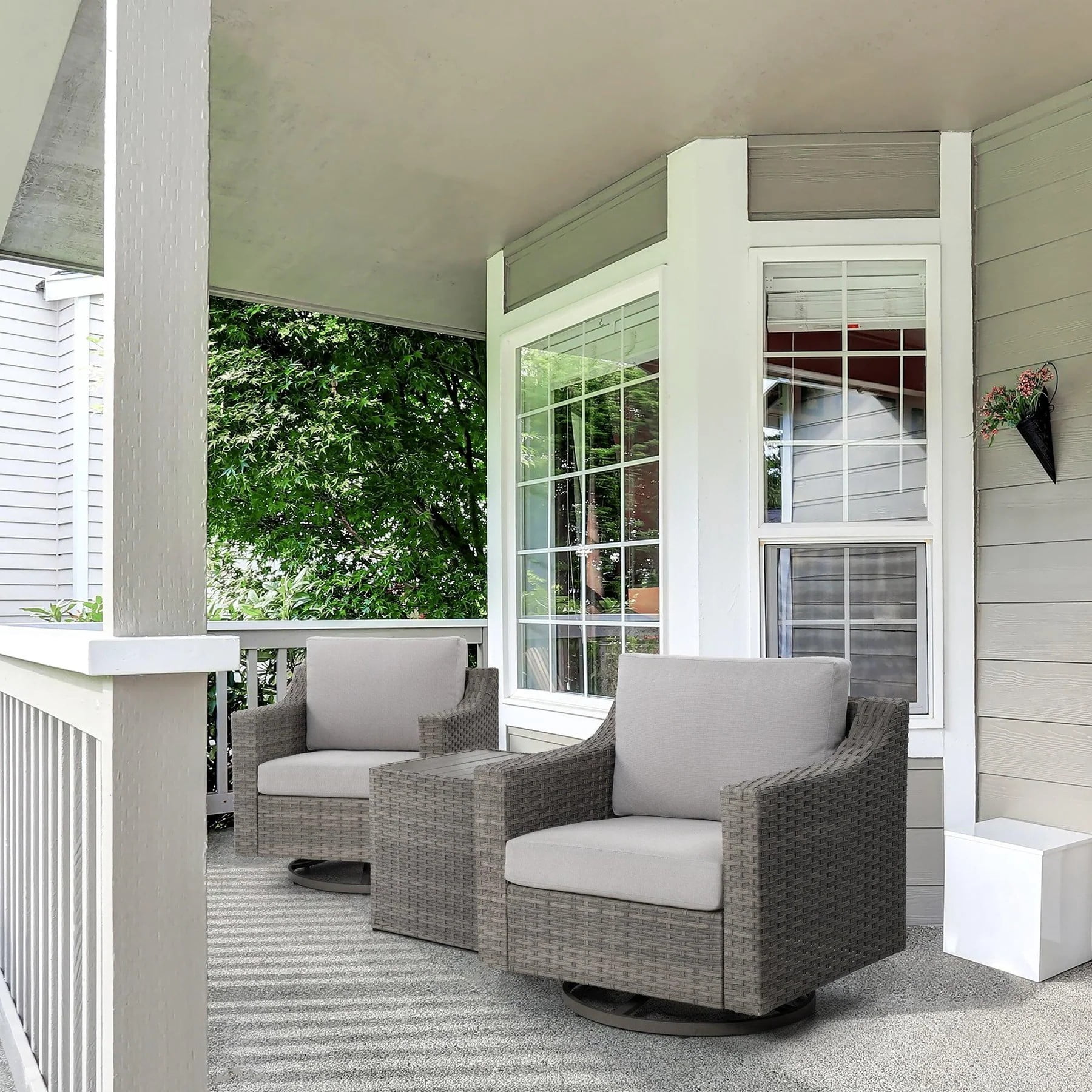 3 Piece Patio Bistro Set with 360 Swivel Patio Chairs, Outdoor Wicker Patio Furniture Set with Cushions and Side Table for Balcony Porch Backyard, Grey/Beige