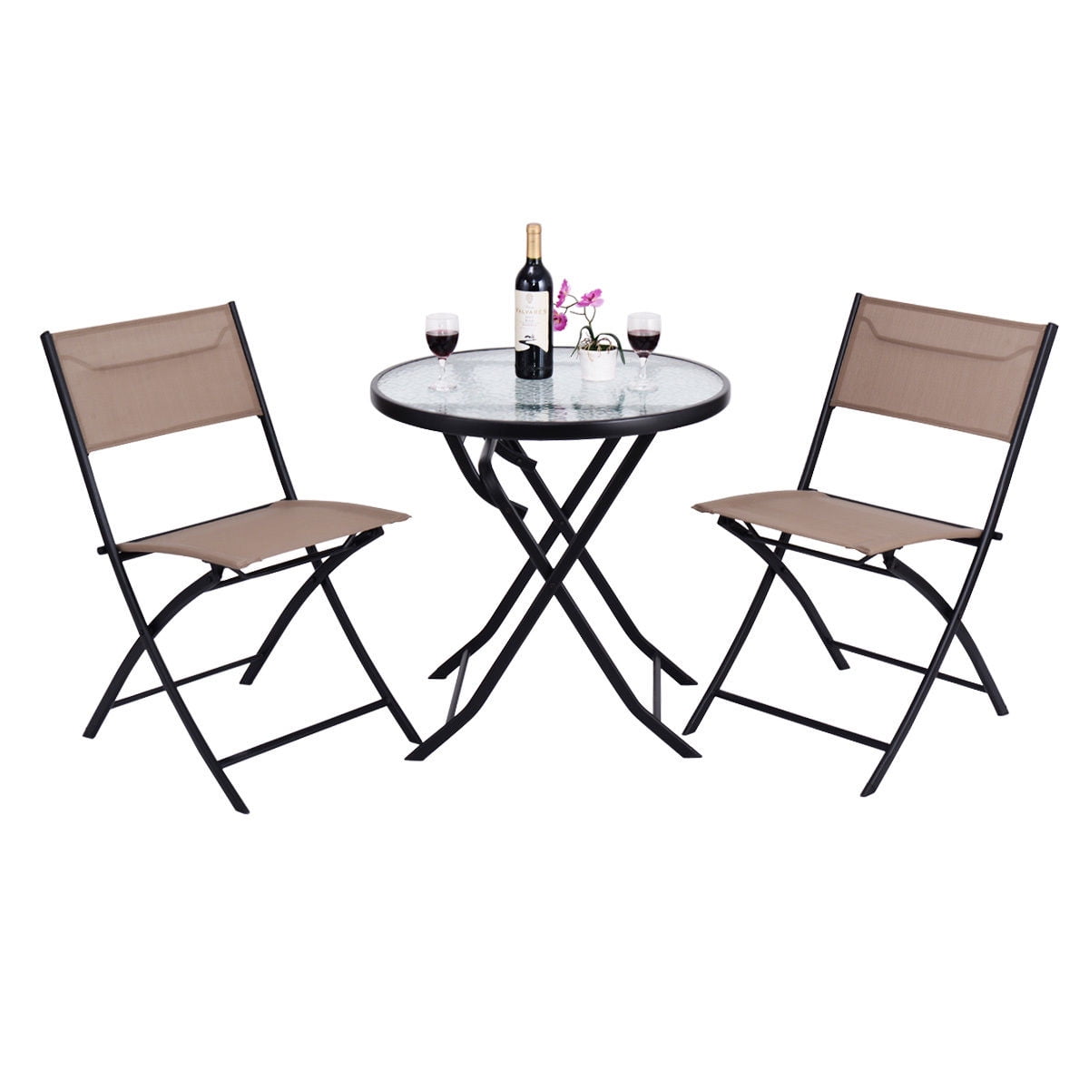 Ghp 2 Pcs Iron Frame Tesling Fabric Folding Patio Chairs Tempered Glass Table