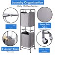 thumbnail image 3 of 2-Tier Vertical Laundry Hamper Sorter - Home Organization - Cart with Double Basket Sections - Hanging Clothing Bags - Four Wheels - Grey, 3 of 5