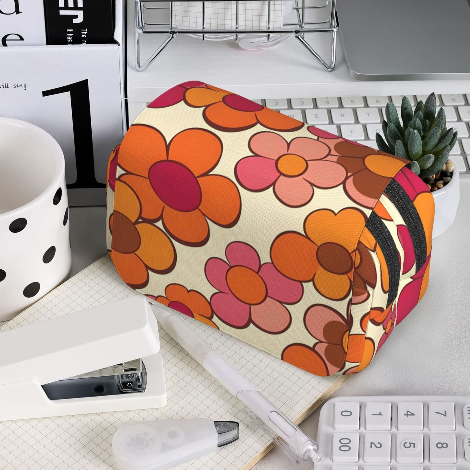 Large-Capacity Flip-Top Double-Layer Pencil Case, Multi-Functional Pocket Pen Case, Durable Stationery Organizer Retro Groovy Flowers Pattern (12)
