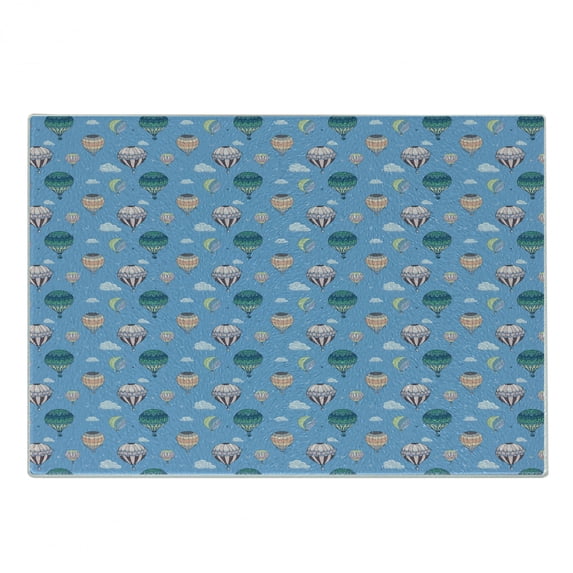 Hot Air Balloon Cutting Board, Striped Sky Transportation Soaring Clouds Birds Repetitive Illustration, Decorative Tempered Glass Cutting and Serving Board, in 3 Sizes, by Ambesonne