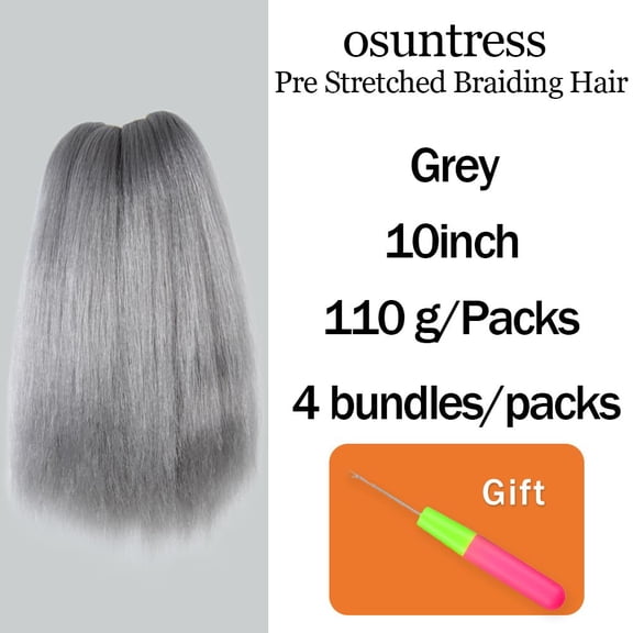 WEIF-Braiding Hair Pre Stretched 10 Inch 4 Packs, Short Hair Extensions for Braids, Synthetic Braiding Hair Prestretched Gray