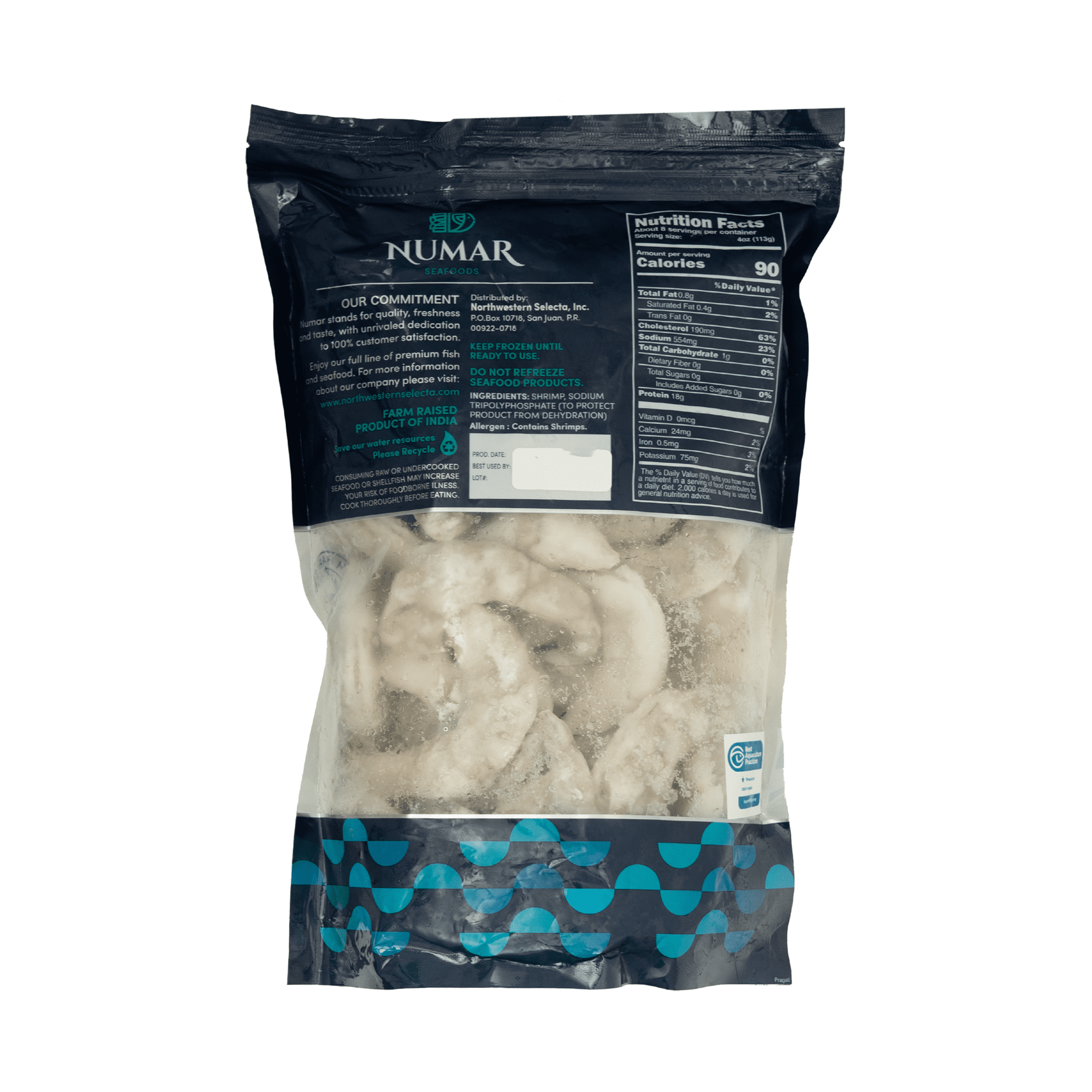 Numar Seafoof, Raw Peel and Deveined Shrimp, Net Wt .32 (2 LB) 907G, Plastic bag