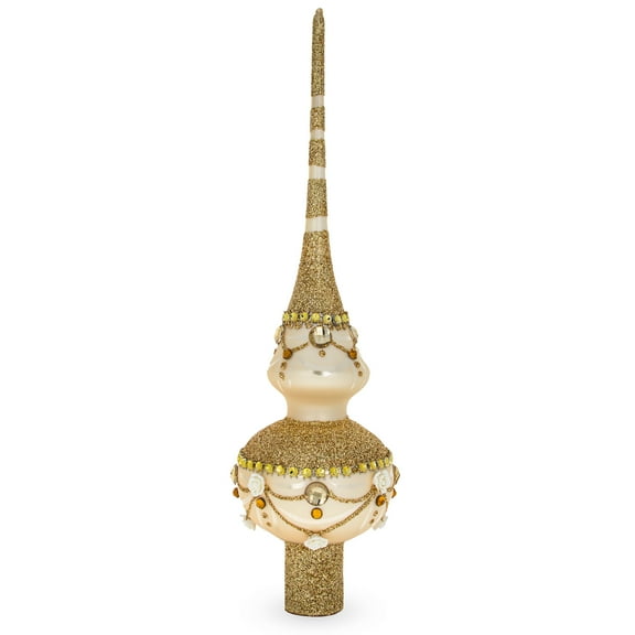 Dimensional Roses on Sparkling Beige Glass Christmas Tree Topper 11 Inches