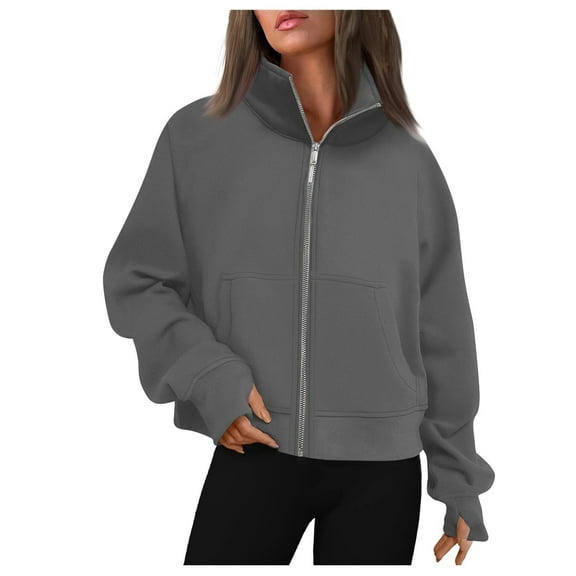 Plus Size Women's Zip Up Lined Hoodie Jacket Short Length Stand Collar Thumb Hole Outerwear Cozy Winter Casual