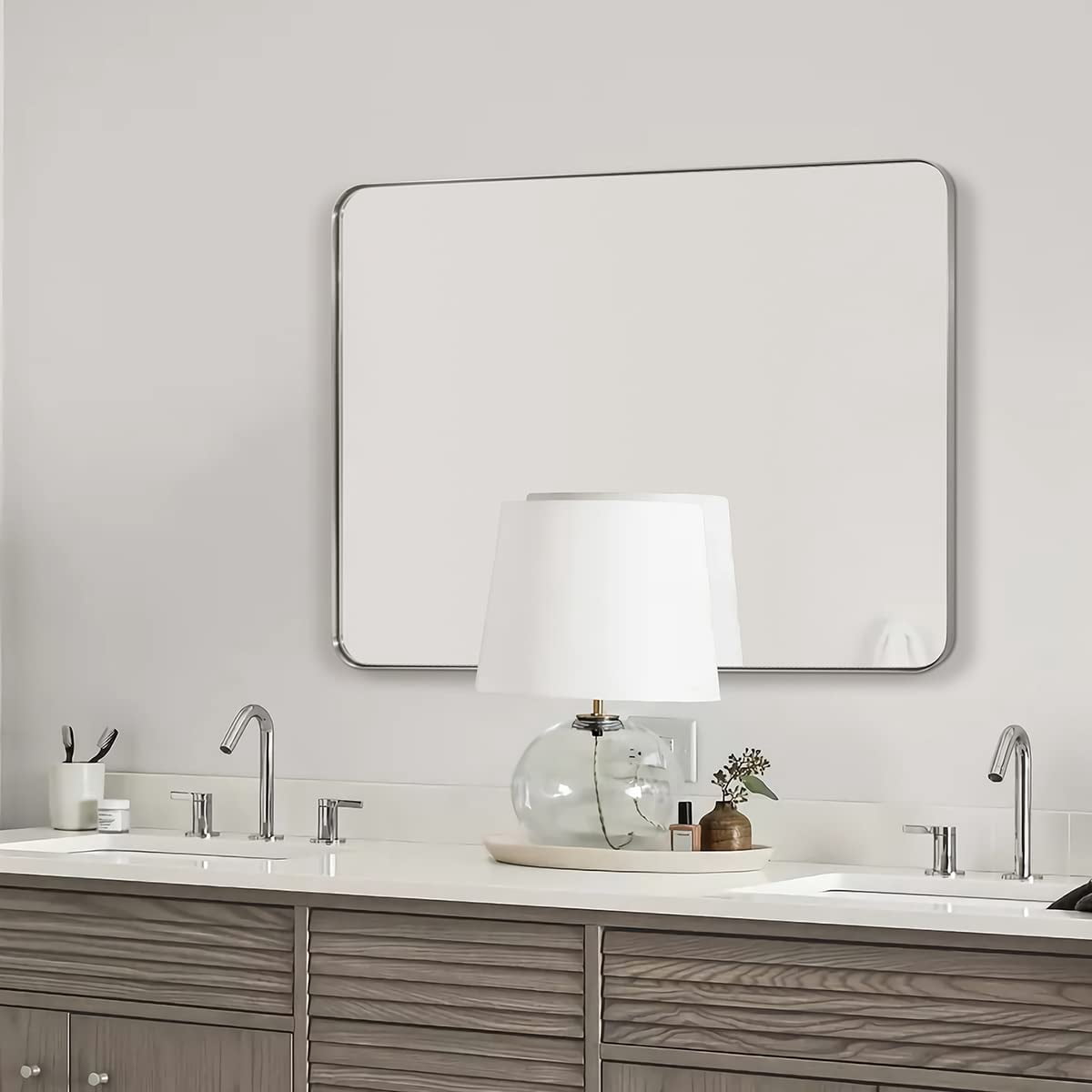 ANDY STAR 30"x40" Brushed Nickel Mirror for Bathroom, Rounded Rectangle ...