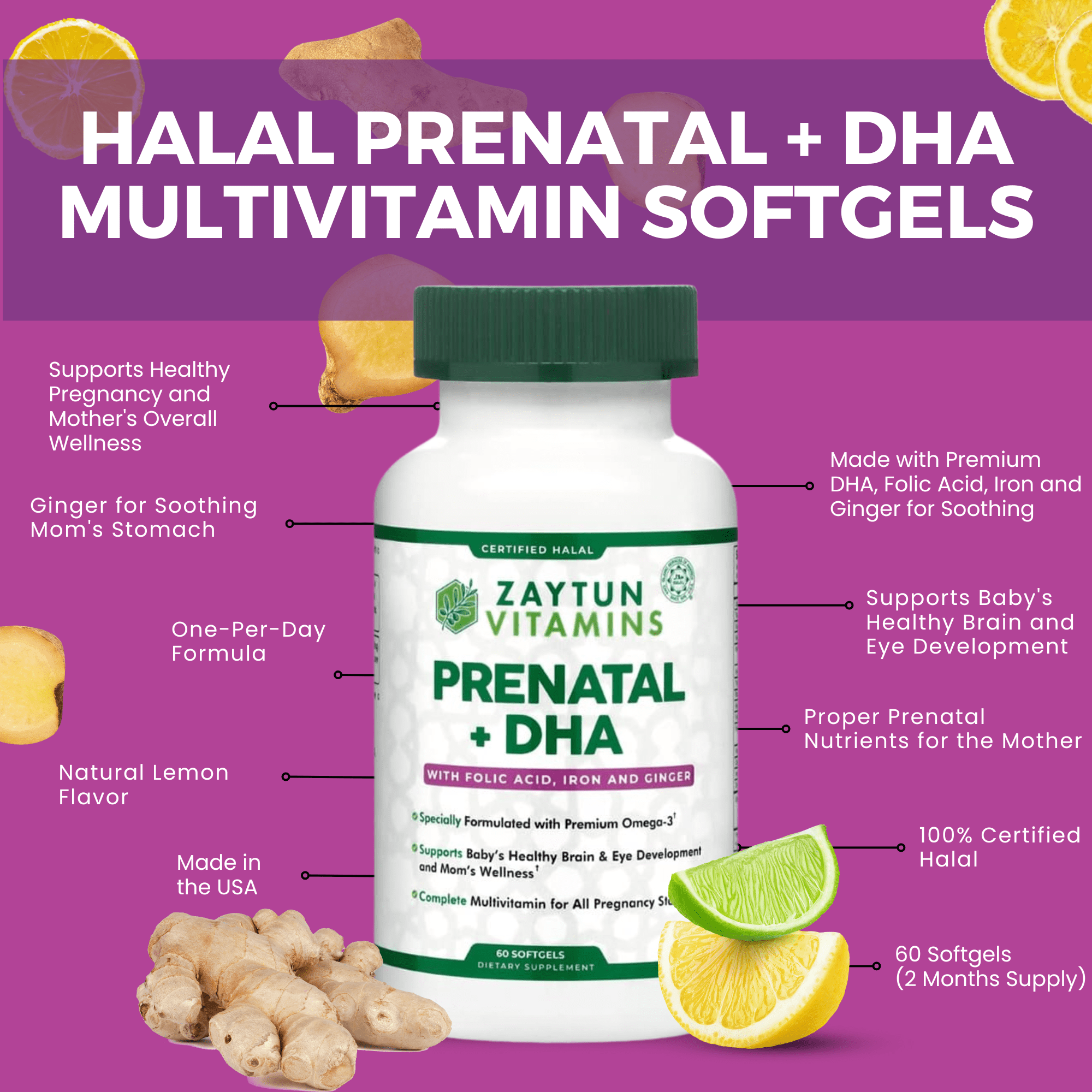Zaytun Vitamins Halal Prenatal + DHA Multivitamin Softgels, 60 Softgels
