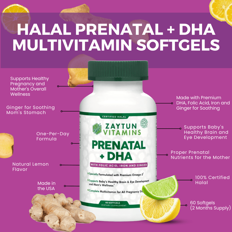 Zaytun Vitamins Halal Prenatal + DHA Softgels, 60 Softgels