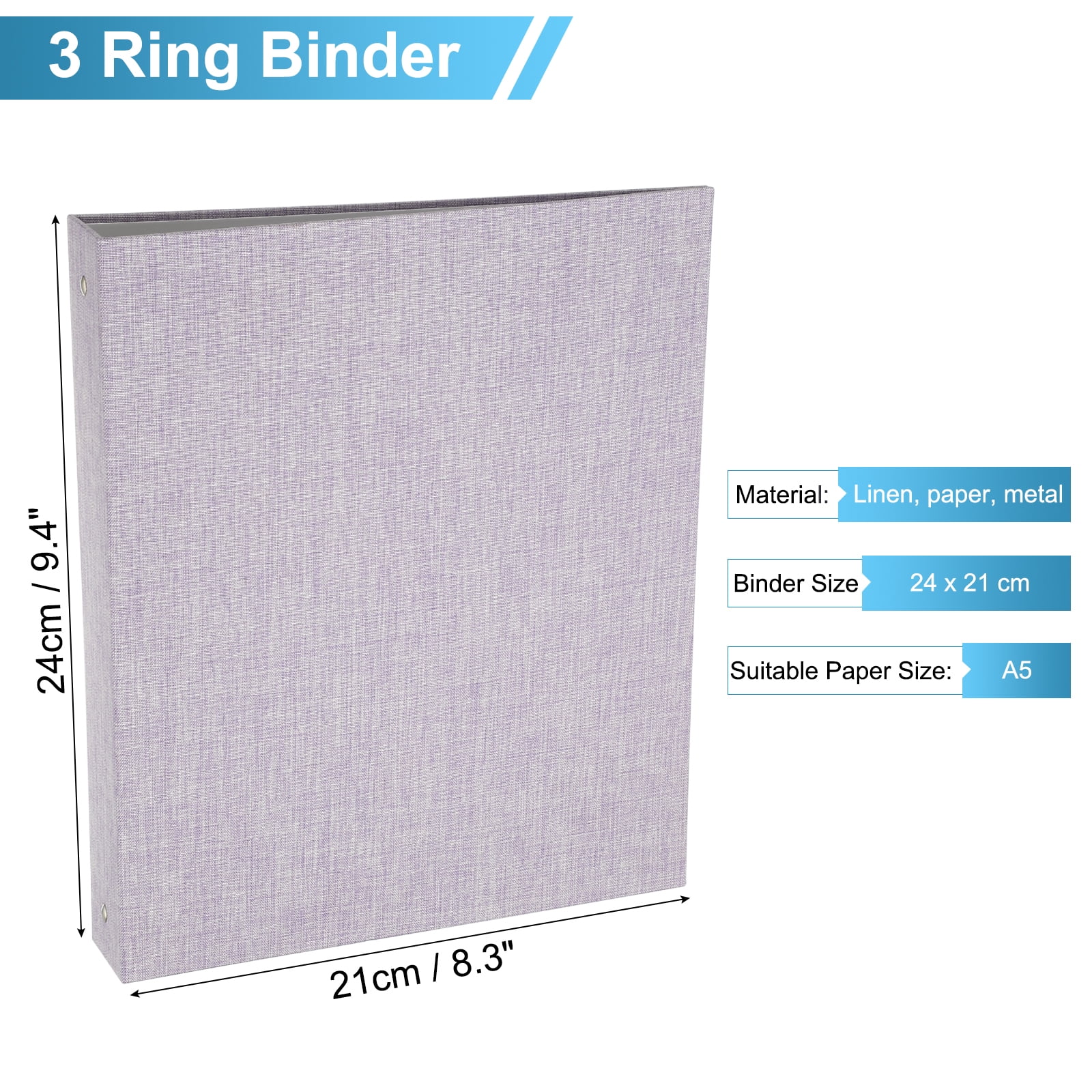 Uxcell 3 Ring Binder, A5 Size Flexible Round Binder Big Capacity Linen Planner Binder for Business Home Classroom, Light Purple