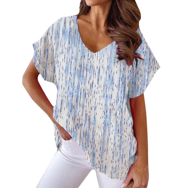 Gibobby Casual Playera de Manga Corta para Mujer Camiseta manga corta con cuello en V y estampado suelto informal para mujer(Azul claro,M)