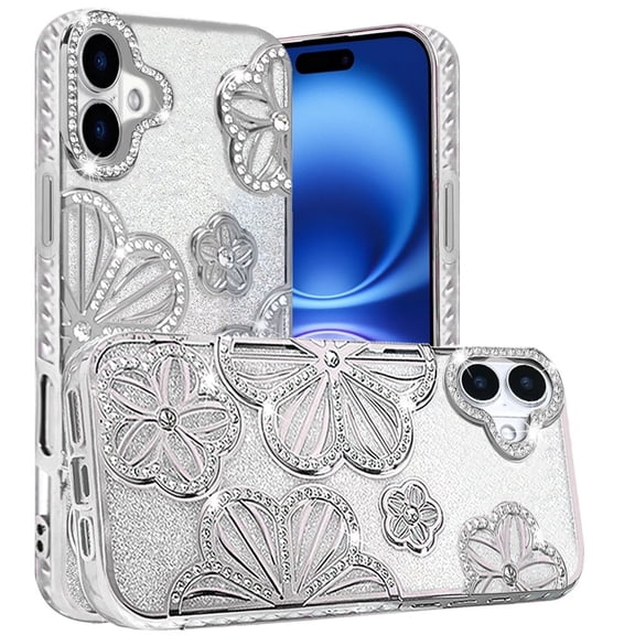 XPM for Apple iPhone 17 (6.3") Phone Case, Luxury Flower Design Sparkle Glitter Diamond Rhinestone Shimmer Bling Plating Thick TPU Hard PC Cover for iPhone 17 (Silver)