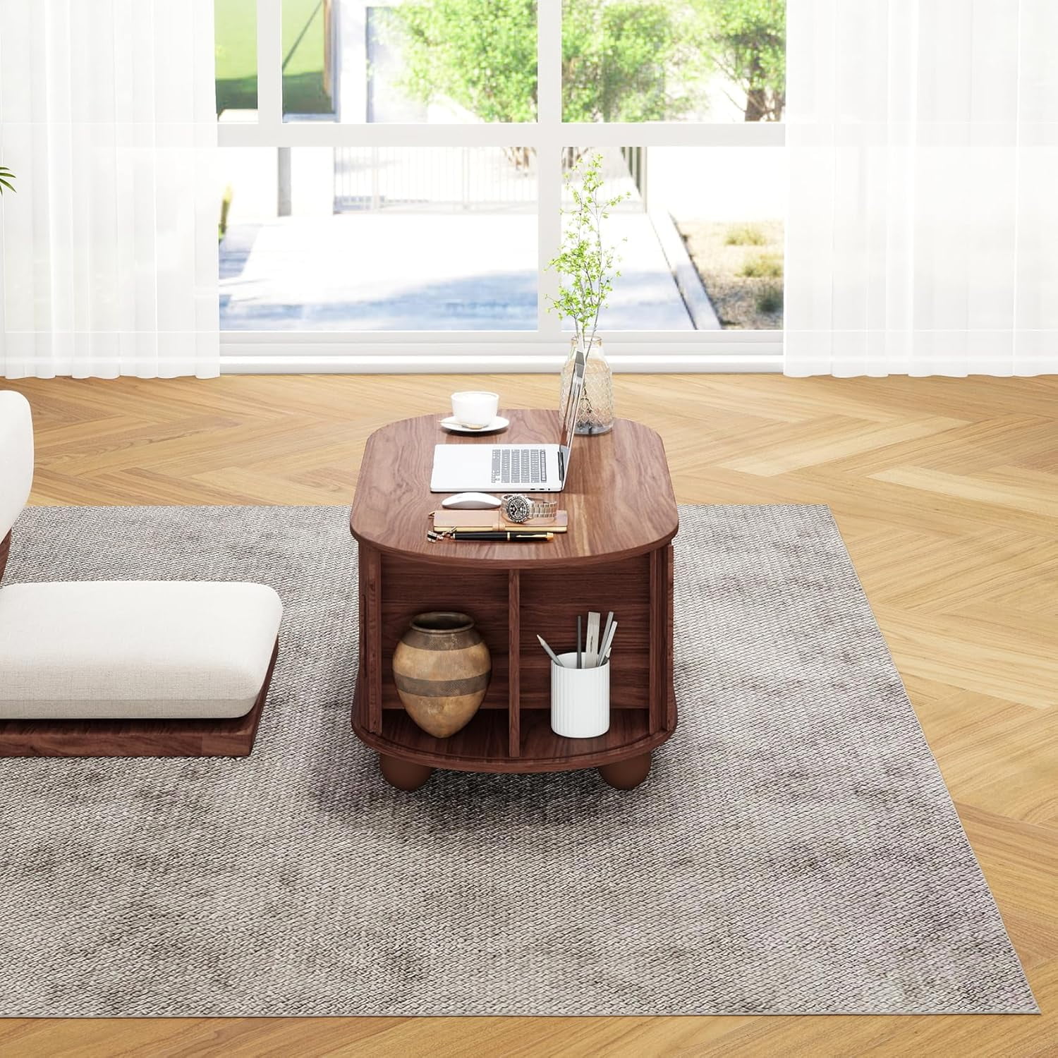 LFGUIZO 39.98” Oval Coffee Table with Hidden Storage, Mid-Century Modern Fluted Wood Coffee Table with 360° Sliding Doors, Solid Wood Legs, Walnut Center Table for Living Room