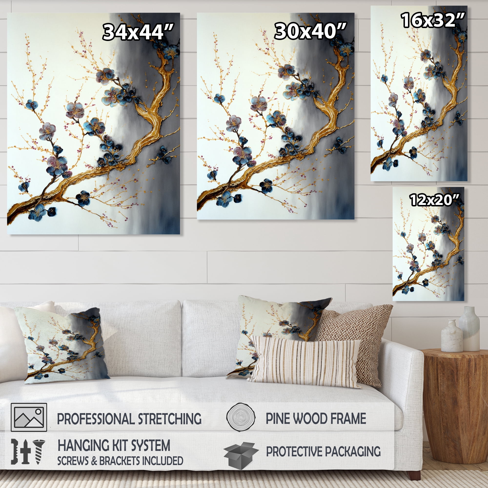 Designart Blue Cherry Blossom Branch VII Canvas Wall Art