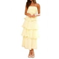 thumbnail image 2 of Women Summer Strapless Maxi Dress Ruffle Tiered Solid Backless Smocked Elegant Flowy Beach Long Dresses Yellow S, 2 of 9