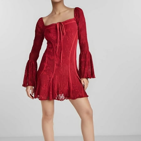 Pitauce Womens Square Neck Flare Sleeve Corser Dress Lace Patchwork Short Mini Dress Y2K Babydoll Dress