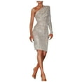 thumbnail image 3 of ERTUTUYI Women Fashion Solid Cold Shoulder Sequin Dress Skinny Ruched One Shoulder Sequin Long Dress Silver S, 3 of 6