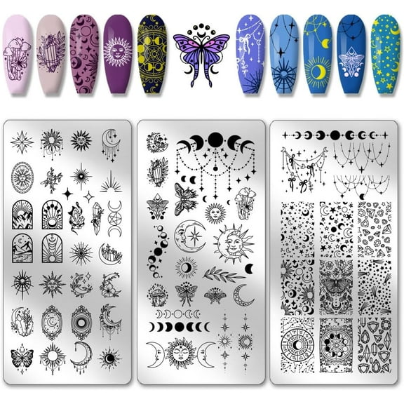 PH 3pcs Moon Sun Nail Stamping Plates Starlight Nail Art Templates Astrolabe Nail Art Stencil Stainless Steel Nail Image Plates for Women Nail Design Print Manicure Salon Eid Mubarak Colorful