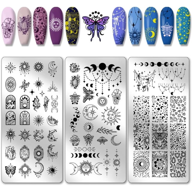 Juego de 3 placas para estampar uñas con diseño de luna y sol, plantillas para uñas con estrellas, plantillas para uñas con astrolabio, placas de acero inoxidable con imágenes para uñas.