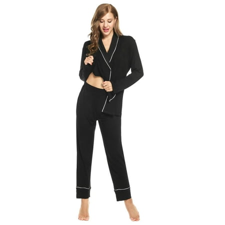Womens Long Sleeve Solid Stretch Sleepwear Contrast Color Turn Down Collar Nightwear Pajamas Set