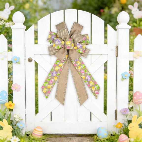 Uutvery Easter Bow Knot, 53x29cm Linen Like Handmade Decorative Bow with Egg Patterns, for Wreath Gift Box Door Wall Hanging Decor, 20.9x11.4 Inches