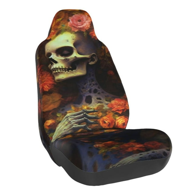 Wukai Vintage Floral Skull Full Set Car Seat Covers with Soft Padding Universal Auto Front Seats Protector and Cushion Mat