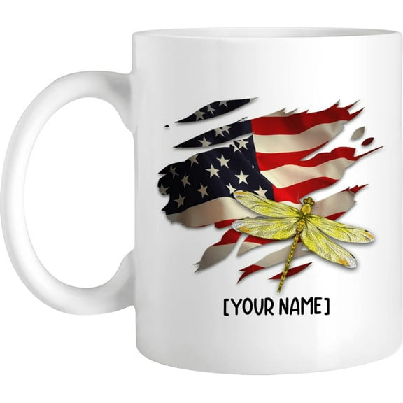 Personalized Coffee Mug, American Flag Dragonfly, Customized Novelty Cup, Name Custom Hot Cold Ceramic Mug, Travel Home Office Use, Gift For Women, Birthday Christmas Holiday