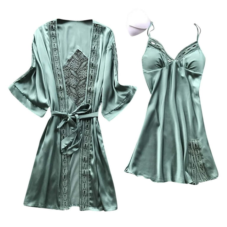 Pajamas for Women 2 Piece Satin Nightgown V Neck Padded Sling Nightdress  Lingerie and Long Sleeve Robe Sleepwear