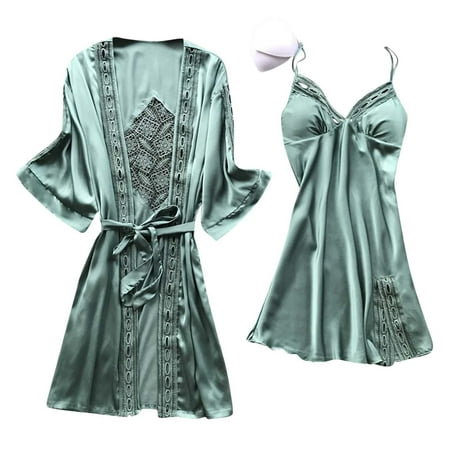 

OGLCCG Women s Satin 2 Piece Robe and Nightgown Silk Pajama Set Lace Trim Sexy Slip Dress Chemise Nightdress Lingerie Cami Sleepwear
