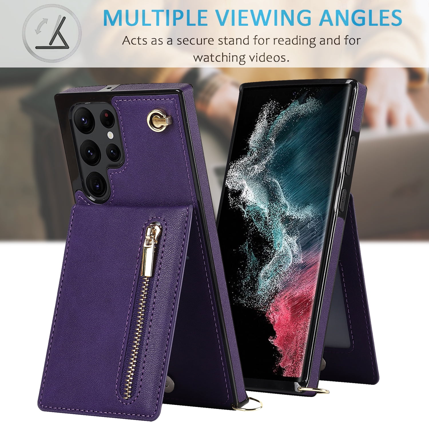 Dteck Flip Leather Wallet Case for Samsung Galaxy S24 Ultra, Crossbody Wallet Case with Credit Card Holder Zipper Pocket Lanyard Shoulder Strap, Kickstand Phone Cover for Samsung S24 Ultra,Purple