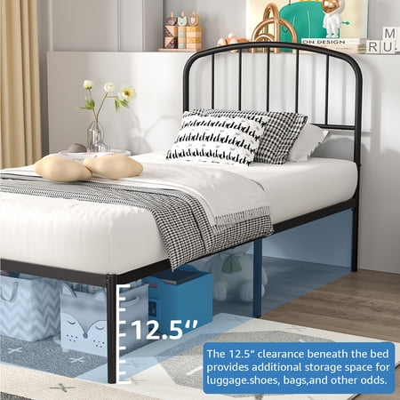 MAINSTAYS CREW TWIN METAL PLATFORM BED WITH CURVED HEADBOARD, BLACK STEEL