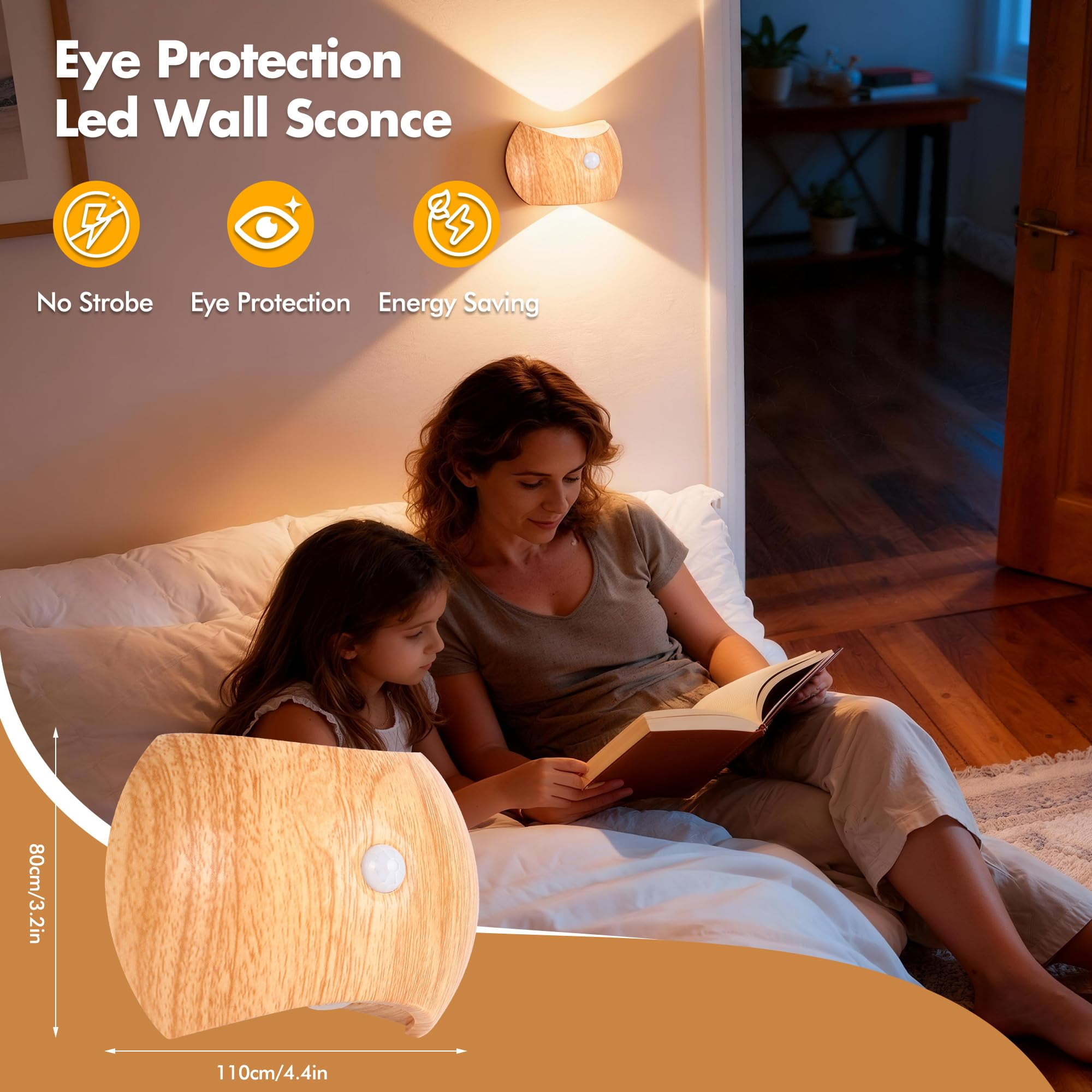 Motion Sensor Wall Lights Indoor - Rechargeable Wall Lights Up & Down, Wireless Battery Operated Wall Sconce Set of 4for Bedroom, Hallway, Stair, Living Room Decor, Wood Cordless Magnetic Wall Lamp