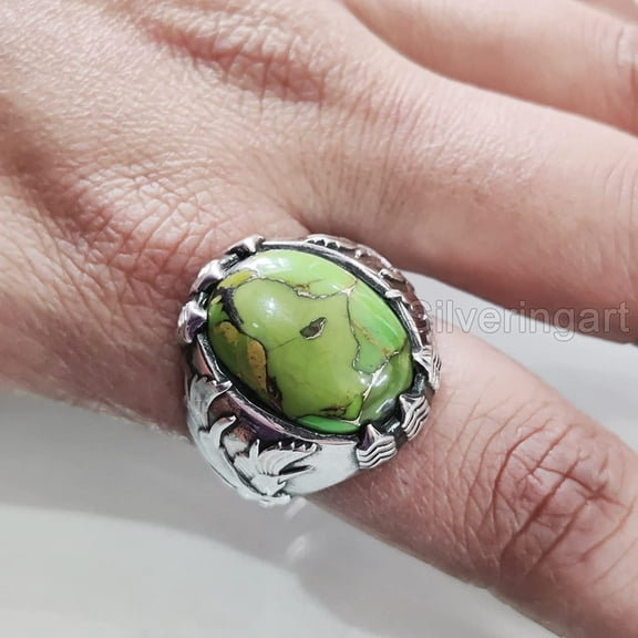 Green Copper Turquoise Mans Ring, Natural Green Copper Turquoise, Eagle Claw Ring, Silver Jewelry, 925 Silver Ring, Birthday Gift, Heavy Mens Ring, Arabic Design, Christmas, Turkey Mens Signet Ring