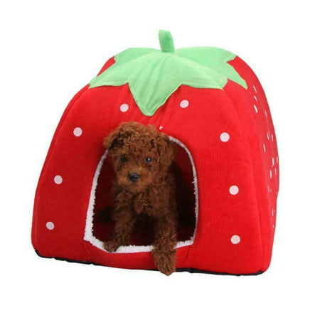 Strawberry Style Foldable Cat Dog Cave Bed Washable Pet Bed Soft Pet House Dome Tent with Removable Cushion Mat (Best Dogs For Pets Inside)