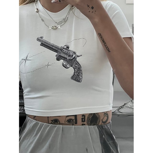 Camiseta blanca estampada con cuello redondo para compras informales Camiseta de manga corta ajustada de moda para mujer