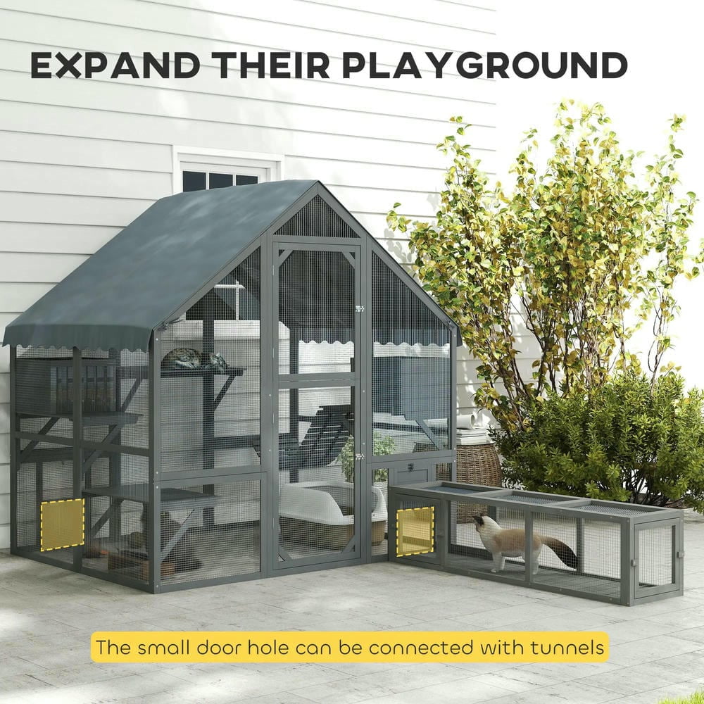 Kepooman Cat House, Cat Catio,Outdoor Cat Enclosure with Waterproof Cover, 2 Condos, 4 Platforms, Bridge, Doors, Gray