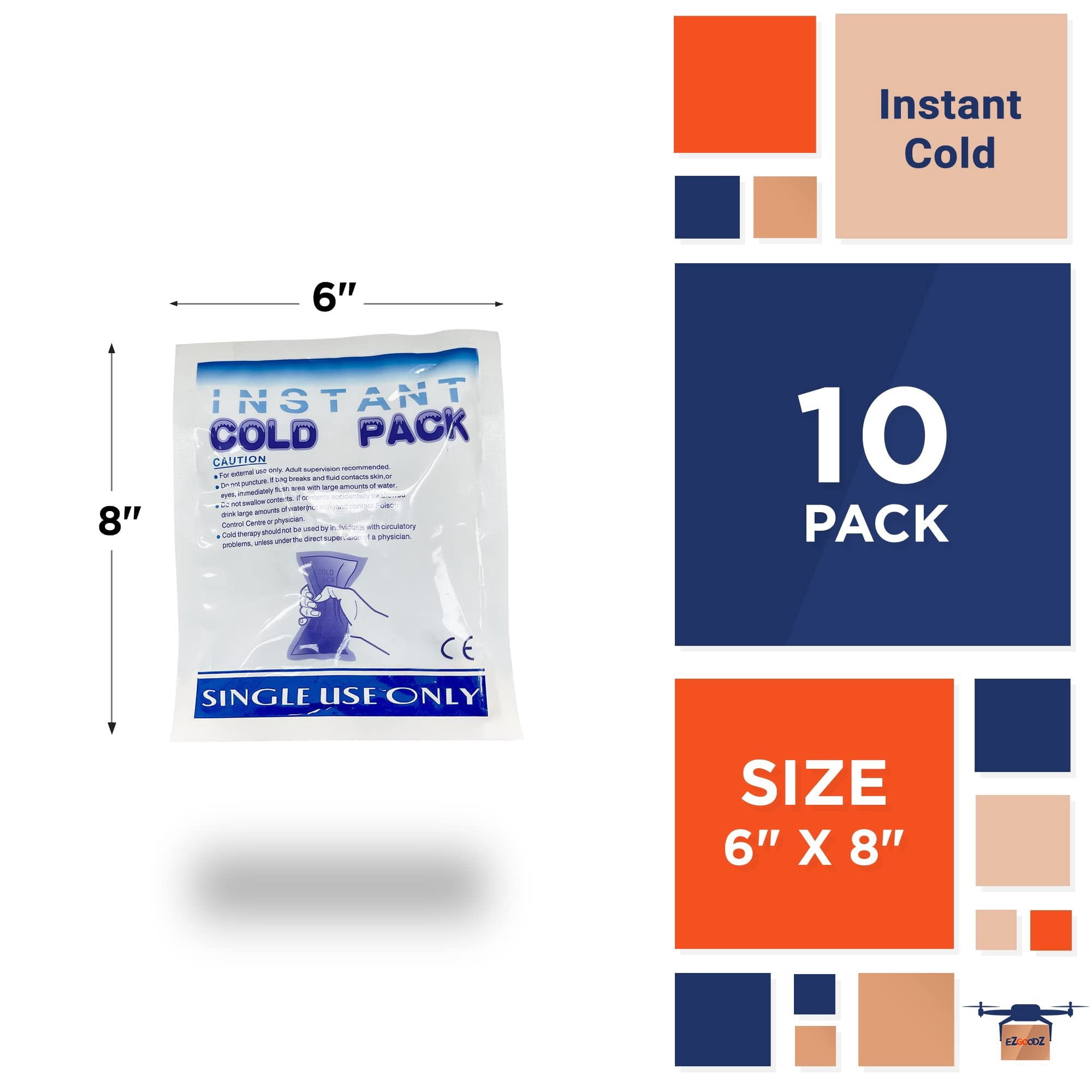 Instant Cold Pack 6 x 8 Inch. Pack of 10 First Aid Instant Cold Packs for Injuries, Spasms, Burn. Single Use Instant Cold Compress First Aid. Portable Instant Ice Packs for Injuries Disposable