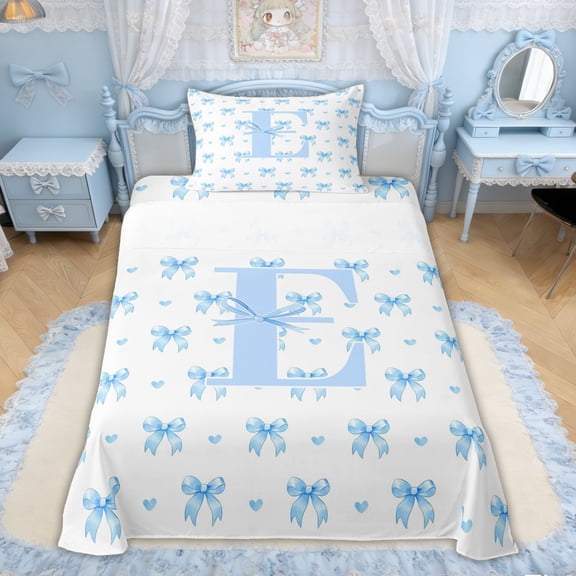 Erosebridal Cartoon Letter E Bow Heart Twin Sheet Sets for Boys Girls, Watercolor Bowknot Bedding, 3pcs