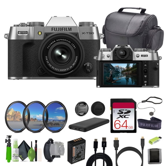 Fujifilm X-T50 Mirrorless Digital Camera XC15-45mmF3.5-5.6 OIS PZ Lens Bundle Kit With 64GB Memory Card   Filter Kit   Cleaning Kit   Camara Bag   More Accessories - Silver