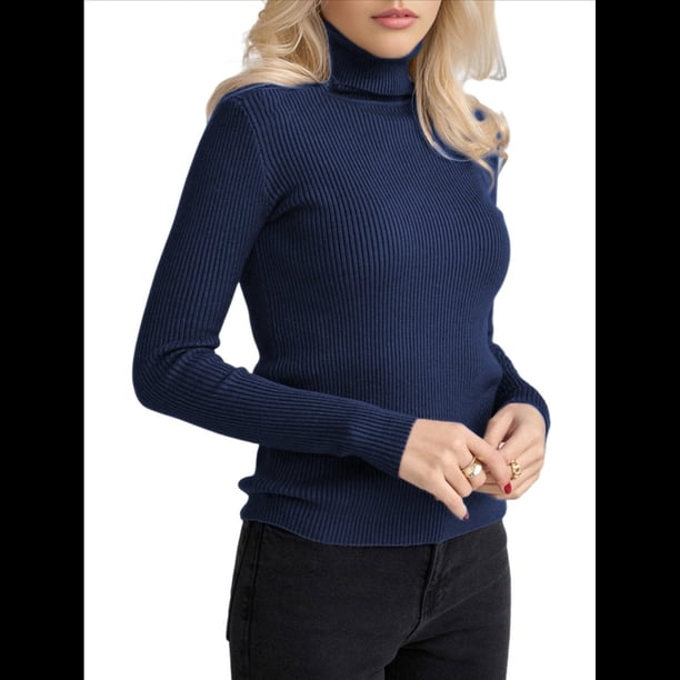 Suéteres Acanalados para Mujer, Lindos Suéteres de Punto de Cuello Alto, Ajustados y Cálidos Azul Real un Tamaño