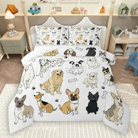 Homewish Cartoon Pug Dog Bedding Comforter Set for Teens, Kawaii Animal Twin Comforter Sets, Cut Dalmatian Print Reversible Bedding Set, Microfiber Bedroom Decor, 2 Pieces