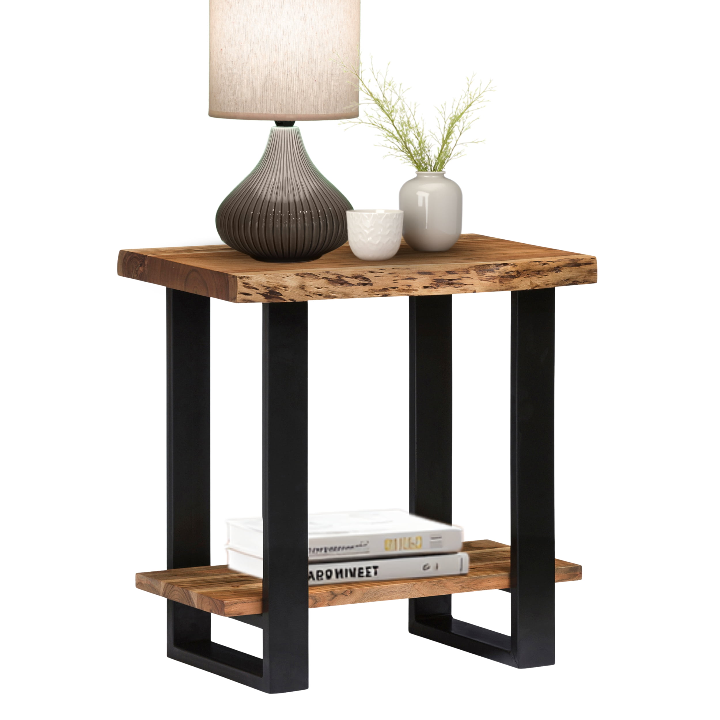 Alpine Natural Live Edge Acacia Wood End Table, Industrial Side Table with Storage Shelf, Modern Nightstand or Living Room Furniture
