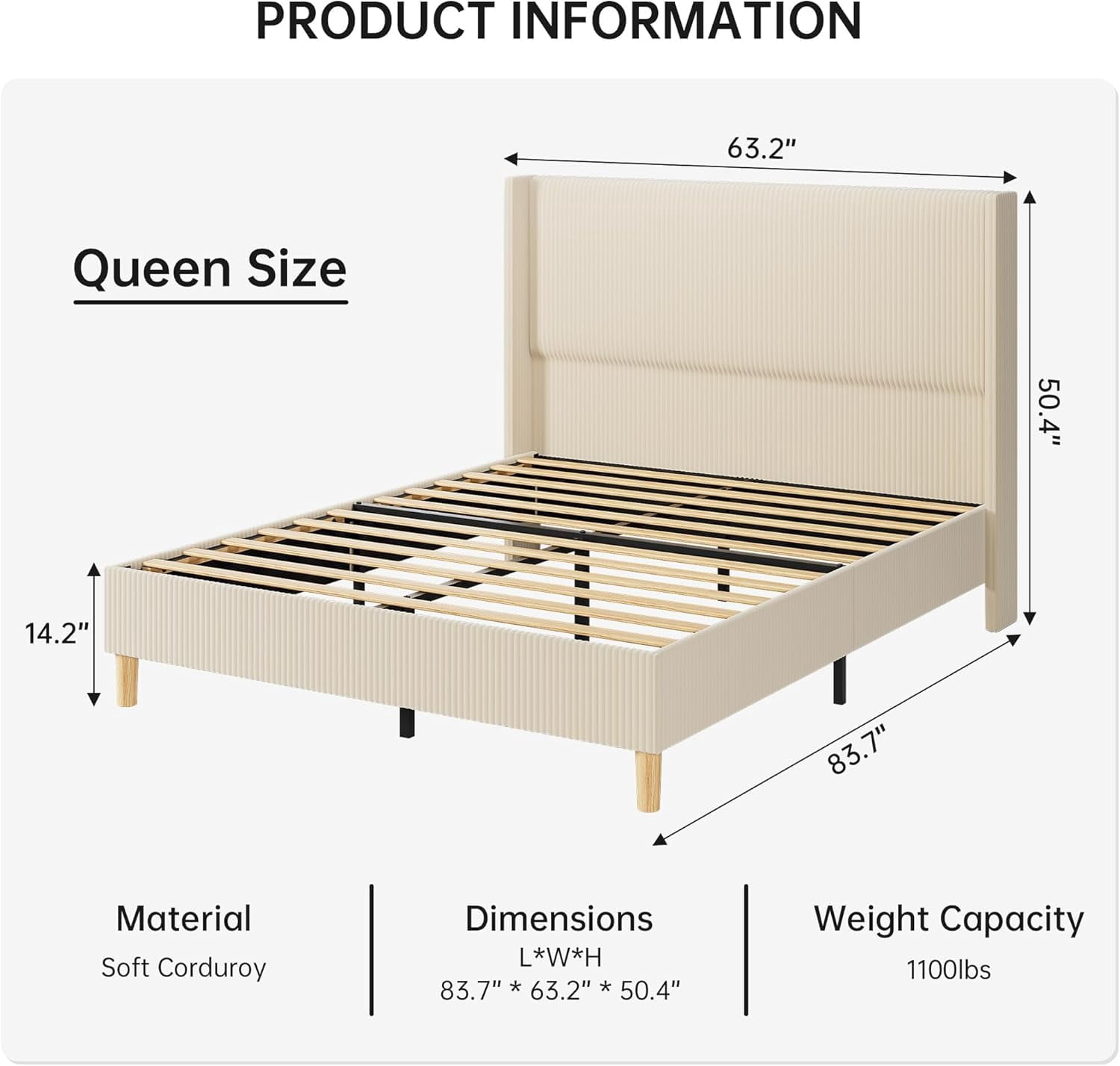 KOKEBREN QUEEN Size Bed Frame, Corduroy Upholstered QUEEN Bed Frame with Wingback Headboard, No Box Spring Needed, Solid Wooden Slats, Noise Free, Beige