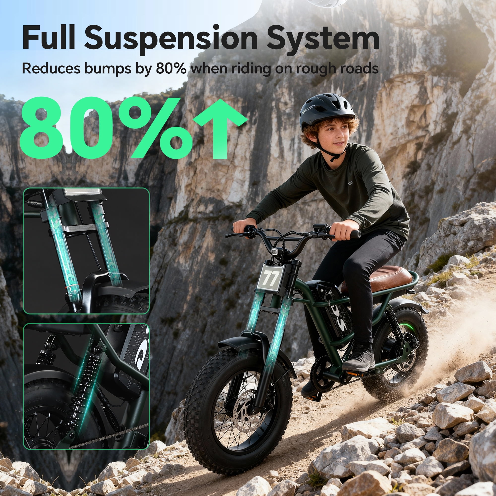 DRIFT.SLIDE Electric Mountain Bike for Adults, 28 mph, 1000w Peak Power, 48v 15ah, 16x4 Fat Tire