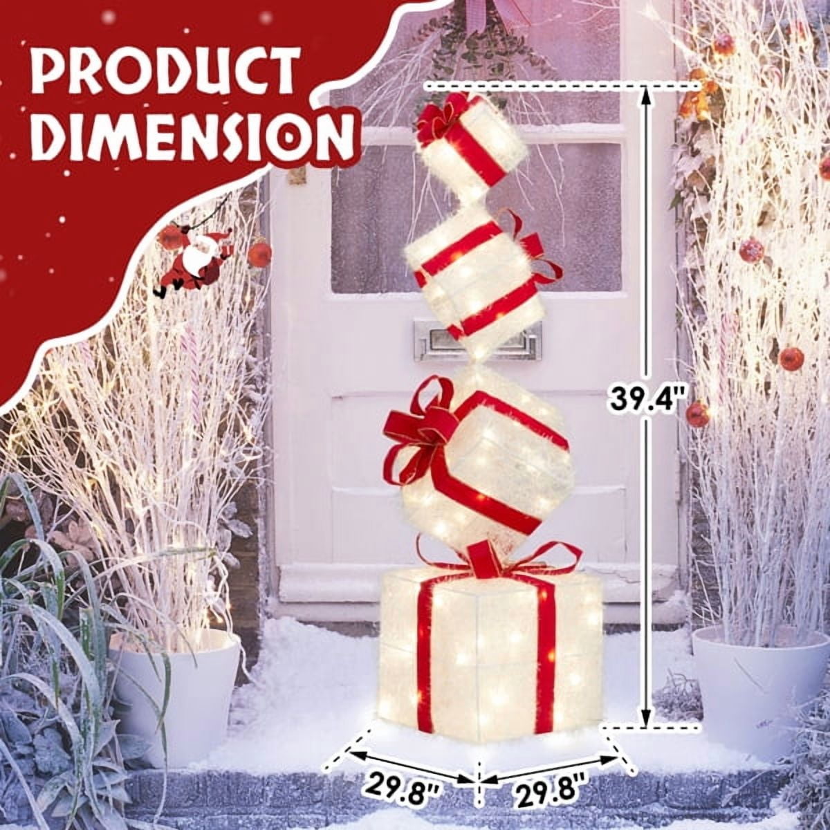 Lighted Christmas Gift Box Tower - 80 Warm White LEDs, Weather-Resistant Metal Frame, Indoor/Outdoor Holiday Decor for Tree, Porch, Yard