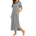 thumbnail image 6 of FRSASU Womens Short Sleeve Nightgown Cotton V-Neck Long Nightshirts Full Length Sleep Dress Side Slit Sleepwear with Pockets Gray, 6 of 8