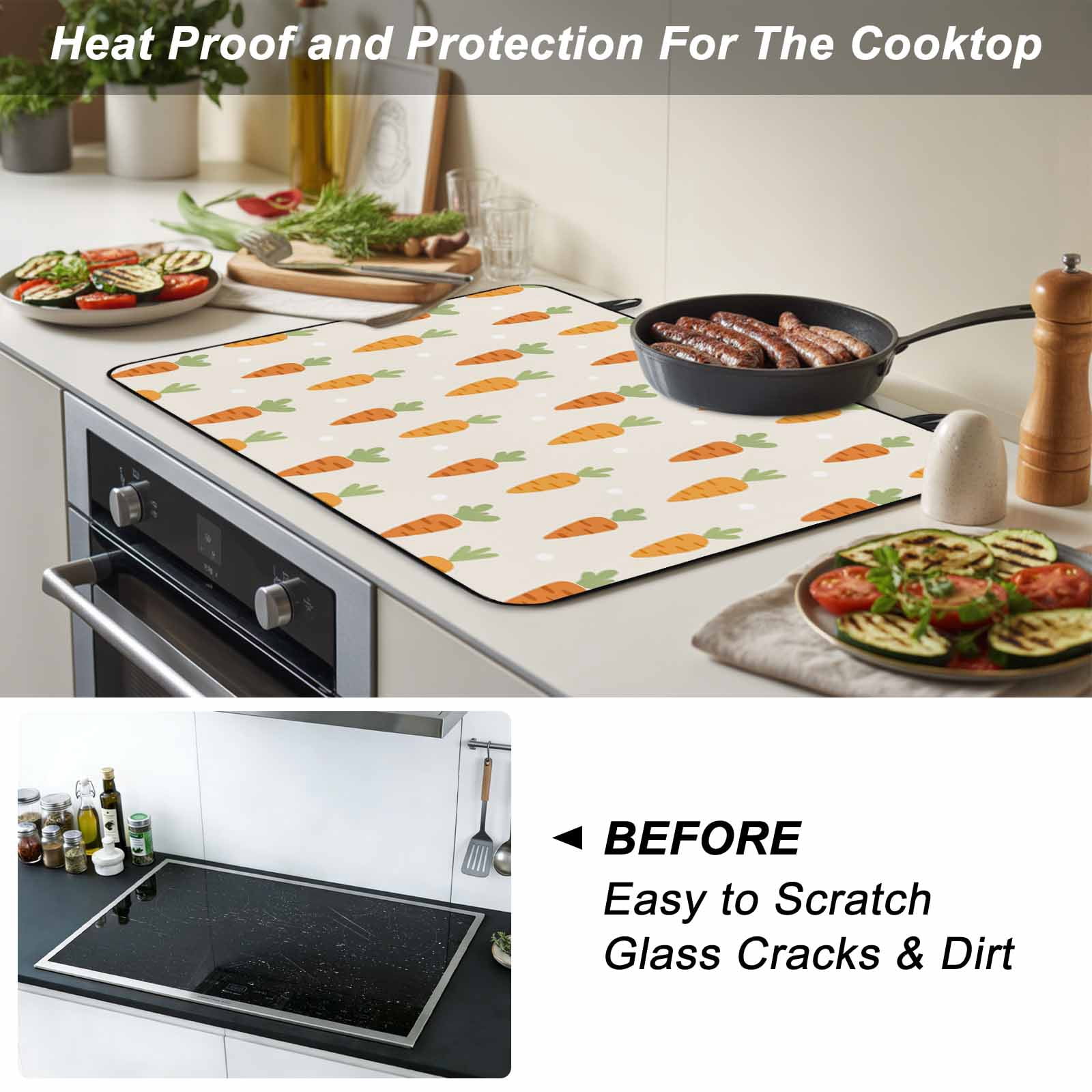 Carrots Stove Top Cover for Electric Stove, Heat-proof & Non Slip Glass Top Stove Cover Protector, Watercolor Easter Vegetables Beige Kitchen Flat Cooktop Rubber Mat 24x21 Inches