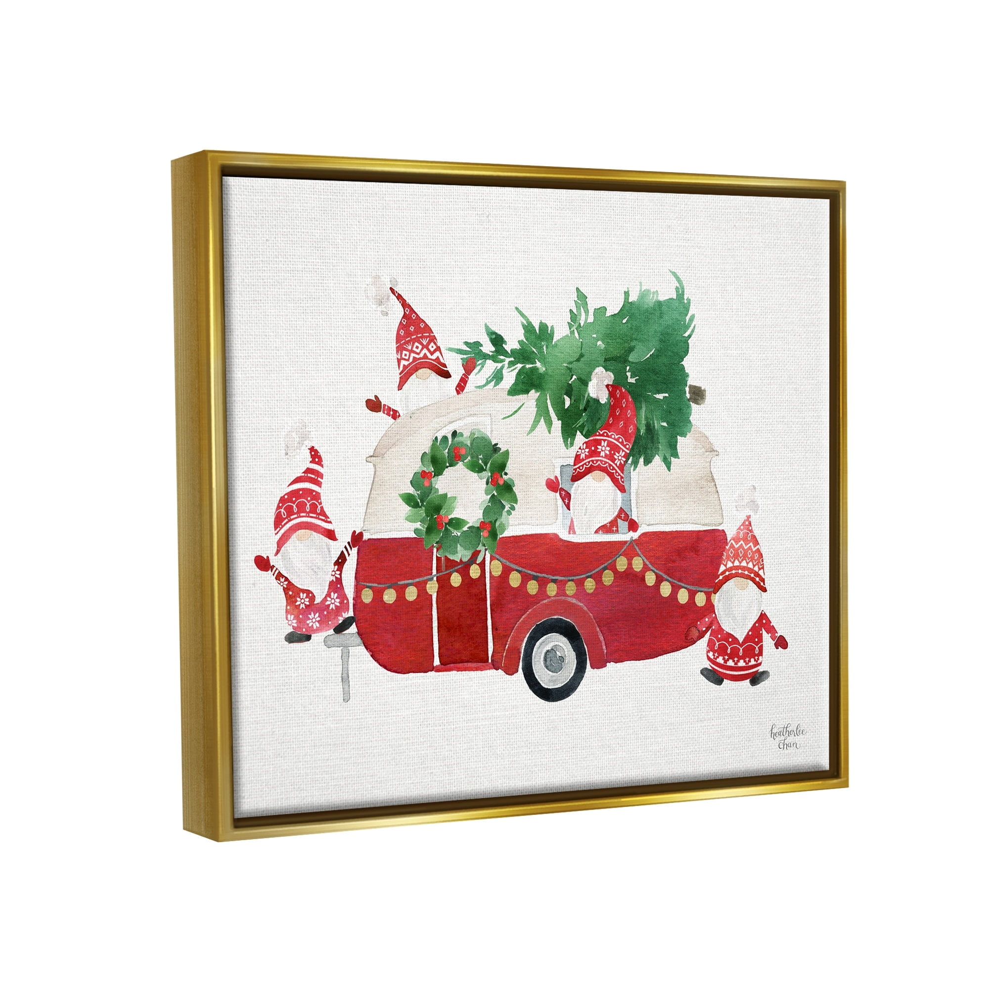 Stupell Industries Holiday Garden Gnomes Seasonal Holly Wreath Tree Painting Metallic Gold Floating Framed Canvas Print Wall Art, Design by Heatherlee Chan