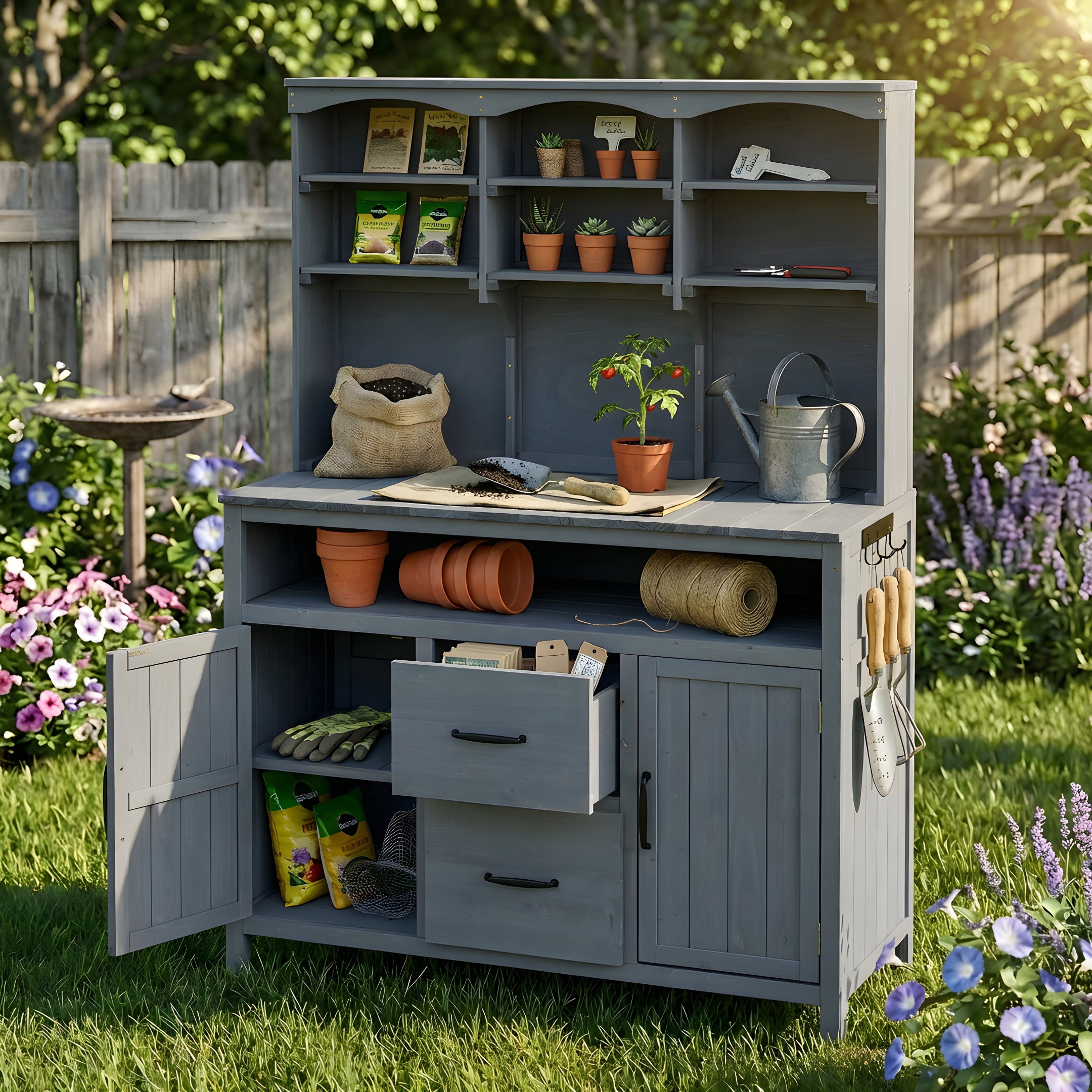 Mintazer Outdoor Potting Bench with Cabinets, 65"H Multi-Functional Patio Kitchen Island with 2 Drawers & Hooks, Large Countertop for Gardening Grill, Gray